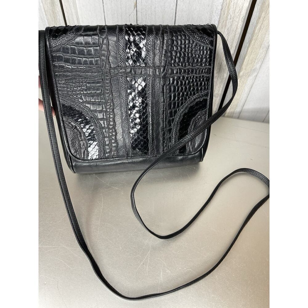 CARLOS FALCHI Soft Black Textured Leather Handbag Bag Boho Western Vintage